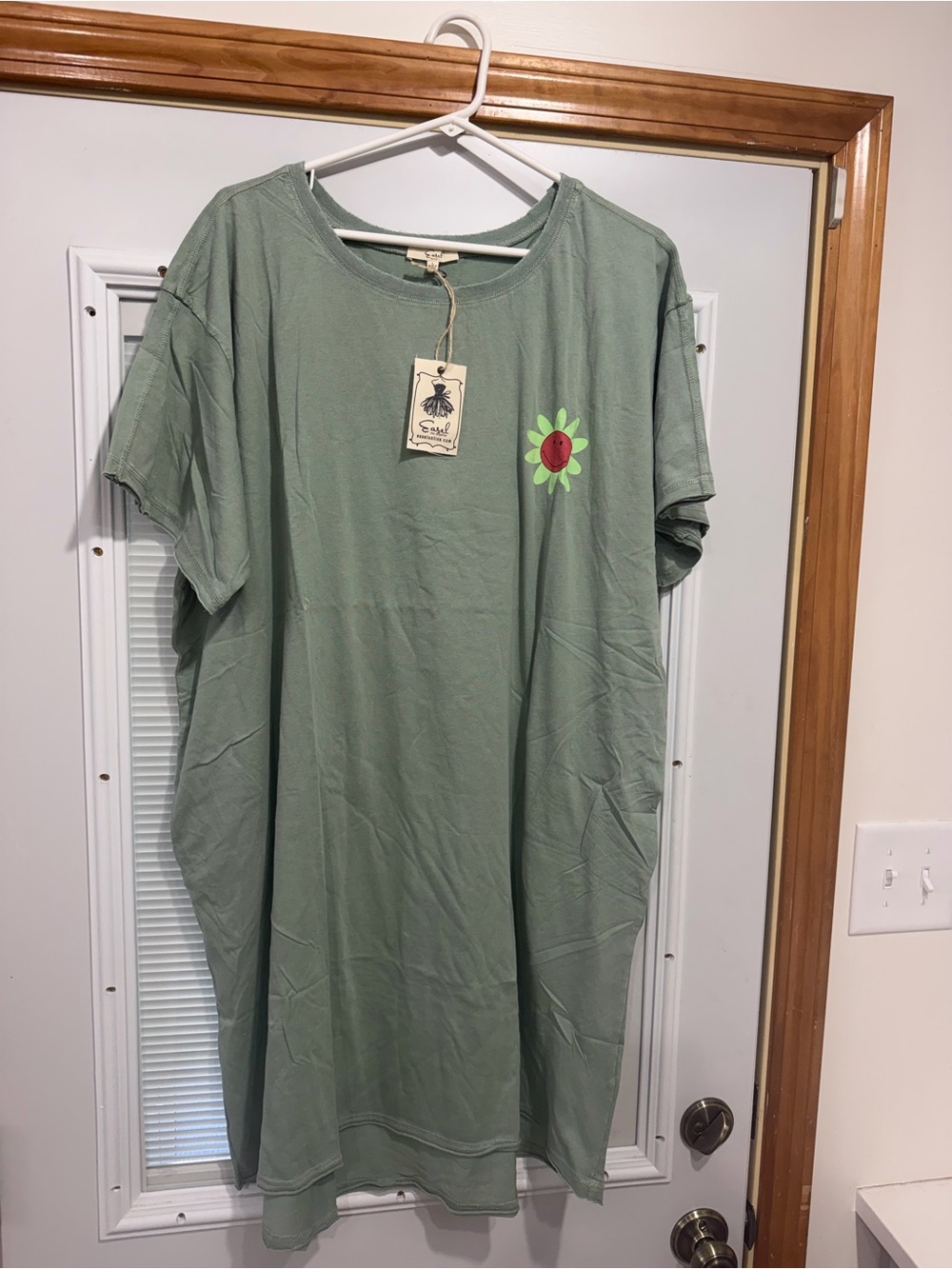 Easel Sage Green Tee shirt dress with Floral Accent